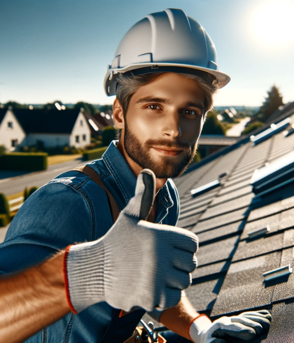 DALL·E 2023-12-10 23.13.17 - A realistic image of a roofer looking into the camera and giving a thumbs up. The setting is during the day, with a clear sky and the roofer is on a r